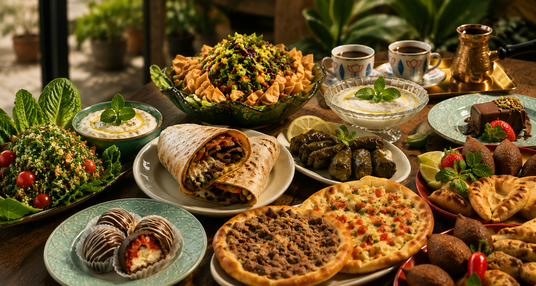 Mesa com pratos árabes: shawarma, falafel, charutos de folha de uva, esfirras e café