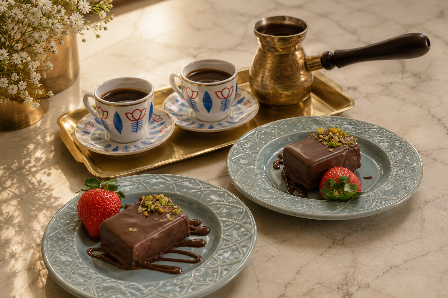 Café árabe servido em xícaras tradicionais com doces de chocolate e morangos