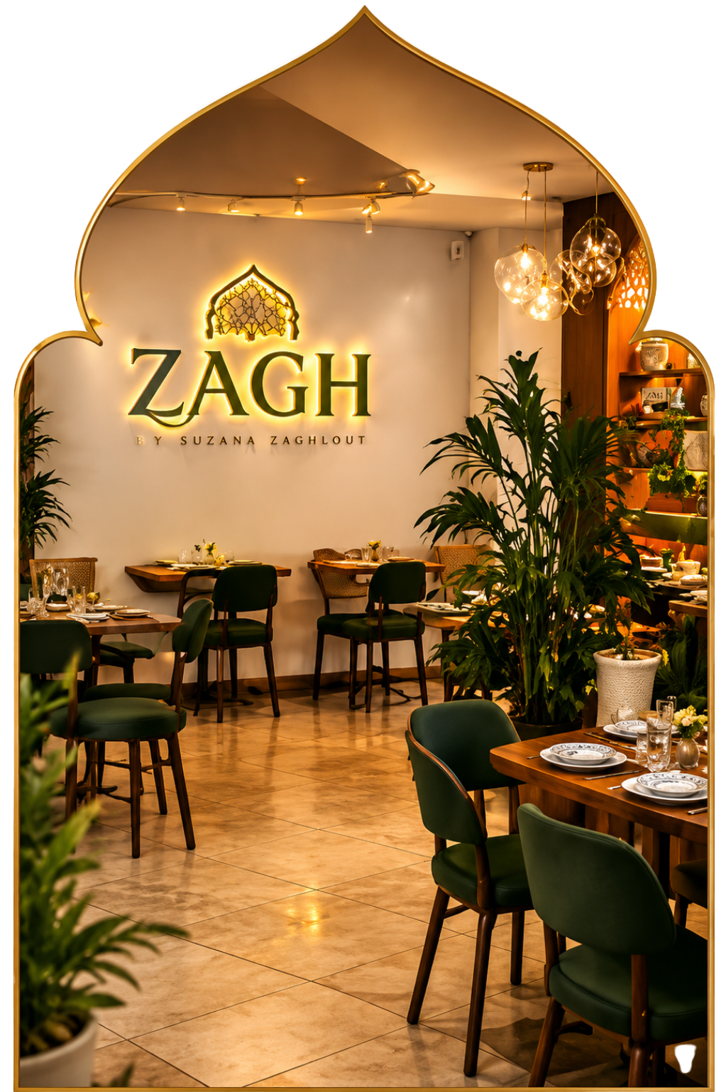 Interior do restaurante Zagh com iluminação dourada, mesas postas e o logo Zagh by Suzana Zaghlout na parede